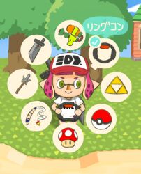 Rule 34 | 1girl, animal crossing, baseball cap, bike shorts, black bike shorts, buster sword, cloud, crossover, final fantasy, final fantasy vii, fishing rod, game controller, grass, green eyes, gun, hat, holding controller, holding game controller, house, ikaheigen, inkling, inkling girl, inkling player character, looking to the side, mario (series), mushroom, nintendo, pink hair, pointy ears, poke ball, poke ball (basic), pokemon, polearm, red hat, ring-con, ring fit adventure, seiken densetsu, seiken densetsu 3, shirt, short hair, short sleeves, sky, smile, spear, splatoon (series), splatoon 2, splattershot (splatoon), square enix, squid girl, standing, super mushroom, sword, sword on back, tentacle hair, the legend of zelda, tree, triforce, villager (animal crossing), weapon, weapon on back, white shirt