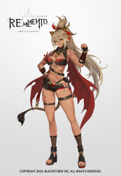 1girl absurdres animal_ears black_boots black_gloves black_shorts black_tank_top boots breasts brown_hair cape clenched_hand copyright_name copyright_notice fingerless_gloves full_body gloves grey_background grin hand_on_own_hip highres kana_(rememento) large_breasts leg_tattoo legs_apart logo long_hair looking_at_viewer official_art open-toe_shoes orange_eyes ponytail red_cape rememento:_white_shadow scar scar_across_eye scar_on_face short_shorts shorts shoulder_tattoo smile solo standing tachi-e tail tank_top tattoo thigh_strap underboob very_long_hair