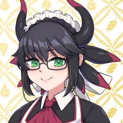 1girl black_hair close-up dragon_girl dragon_horns glasses green_eyes horns house_dragonmaid maid maid_headdress pink_lips simple_background smile solo white_background yata_masahara yu-gi-oh!