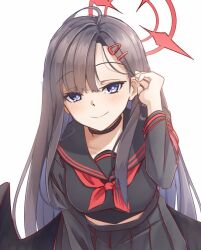 1girl armband black_choker black_sailor_collar black_serafuku black_wings blue_archive choker degtyaryov2952 hair_ornament hairclip halo ichika_(blue_archive) justice_task_force_(blue_archive) long_hair low_wings neckerchief red_armband red_halo red_neckerchief sailor_collar school_uniform serafuku smile solo wings