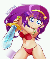 1girl artist_name athena_(series) bikini blue_eyes breasts cleavage large_breasts legs long_hair looking_at_viewer navel princess_athena purple_hair red_bikini smile snk swimsuit sword thighs weapon
