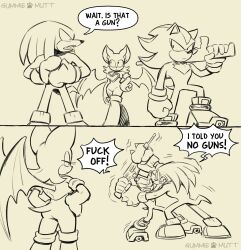 Rule 34 | 1girl, 2boys, angry, assault rifle, bat girl, bat wings, clenched hands, english text, gummiemutt, gun, hands on own hips, hedgehog boy, highres, holding, holding gun, holding weapon, knuckles the echidna, multiple boys, profanity, rifle, rouge the bat, shadow the hedgehog, sonic (series), struggling, weapon, wide-eyed, wings