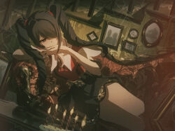 Rule 34 | 1girl, ame-chan (needy girl overdose), black eyes, black hair, black skirt, commentary, couch, drill hair, hair over one eye, highres, junpaku karen, long hair, needy girl overdose, red shirt, shirt, short sleeves, silk, skirt, solo, spider web, twin drills