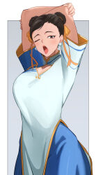1girl absurdres arms_up black_hair blue_dress blue_pants breasts brown_eyes capcom china_dress chinese_clothes chun-li double_bun dress hair_bun highres large_breasts looking_at_viewer one_eye_closed open_mouth oruru63100814 pants short_sleeves solo street_fighter street_fighter_6 stretching two-tone_background yawning