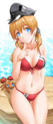 10s 1girl anchor_hair_ornament bare_shoulders bikini blonde_hair blue_eyes breasts cleavage collarbone colored_eyelashes crab crossover gen_1_pokemon gradient_background hair_ornament hat henshako highres kantai_collection large_breasts looking_at_viewer mushroom navel nintendo paras pokemon pokemon_(creature) prinz_eugen_(kancolle) red_bikini sailor_hat sitting skindentation smile string_bikini swimsuit