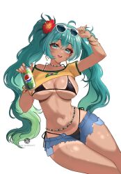 1girl adjusting_eyewear ahoge aki_hoshino aqua_eyes aqua_hair bangle bead_choker beads bikini bikini_tan black_bikini blue_shorts bracelet brazilian_flag brazilian_flag_print brazilian_miku breasts can commentary_request dark-skinned_female dark_skin denim denim_shorts double-parted_bangs drink_can earrings exposed_pocket eyewear_lift eyewear_on_head feet_out_of_frame fingernails flag_print flower green_hair green_nails hair_between_eyes hair_flower hair_ornament hand_on_eyewear hatsune_miku hibiscus highleg highleg_bikini highres holding holding_can invisible_chair jewelry large_breasts long_fingernails long_hair looking_at_viewer micro_bikini micro_shorts multiple_bracelets nail_polish navel open_mouth pepsi red_flower shirt short_sleeves shorts shorts_tan side-tie_bikini_bottom simple_background sitting smile soda_can solo string_bikini sunglasses sweat swimsuit tan tanline torn_clothes torn_shorts twintails twitter_username twitter_x_logo very_long_hair vocaloid white-framed_eyewear white_background yellow_nails yellow_shirt