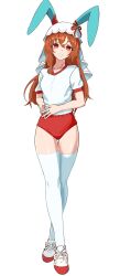 1girl absurdres alternate_costume animal_ears blush breasts brown_hair buruma commentary ear_covers enukee full_body gym_uniform highres horse_ears horse_girl looking_at_viewer red_eyes socks solo standing still_in_love_(umamusume) umamusume veil white_background white_socks