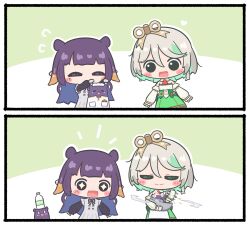 +_+ 2girls absurdres blush cecilia_immergreen cecilia_immergreen_(1st_costume) happy highres hololive hololive_english mixing_bowl mpien multiple_girls ninomae_ina&#039;nis purple_hair takodachi_(ninomae_ina&#039;nis) virtual_youtuber white_hair winding_key