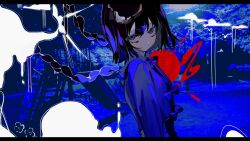 1girl absurdres arms_at_sides black_hair blue_background blue_bow blue_eyes blush bow braid breasts closed_mouth cloud commentary_request detached_hair film_grain grey_shirt hair_between_eyes highres letterboxed long_hair long_sleeves looking_at_viewer original outdoors playground shirt small_breasts solo suspenders toasu twin_braids upper_body upturned_eyes
