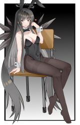 Rule 34 | 1girl, absurdres, alternate costume, angel, animal ears, arknights, black background, black eyes, black hair, black halo, black leotard, black pantyhose, border, breasts, chair, commentary request, covered navel, detached wings, fake animal ears, halo, highres, large breasts, leotard, long hair, muusn, on chair, pantyhose, playboy bunny, rabbit ears, school chair, sitting, solo, toes, very long hair, virtuosa (arknights), white border, wings, wrist cuffs