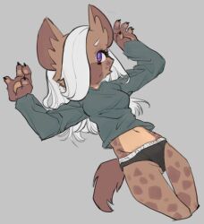 1girl black_panties body_fur borrowed_character breasts brown_fur claws female_focus furry furry_female grey_background hair_over_one_eye hyena_ears hyena_girl hyena_tail long_sleeves looking_at_viewer lying navel ohbunti original panties purple_eyes simple_background small_breasts solo underwear white_hair