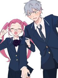 Rule 34 | 1boy, 1girl, alien stage, blazer, blue jacket, blush, bow, bowtie, closed eyes, collared shirt, commentary, diagonal-striped bow, diagonal-striped bowtie, diagonal-striped clothes, diagonal-striped necktie, food-themed hair ornament, green eyes, grey hair, hair ornament, hairclip, highres, holding another&#039;s arm, jacket, long hair, mizi (alien stage), necktie, open mouth, pants, peach hair ornament, pink hair, school uniform, shirt, short hair, skirt, star (symbol), star hair ornament, striped clothes, till (alien stage), twintails, very short hair, viga uzk, white shirt