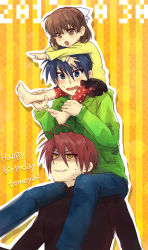 Rule 34 | 00s, 1girl, 2boys, blue eyes, blue hair, brown eyes, brown hair, carrying, clannad, father and daughter, furukawa akio, happy birthday, human tower, kiev (live drive), multiple boys, okazaki tomoya, okazaki ushio, short hair, shoulder carry, stacking