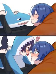 2girls absurdres animal_costume aqua_eyes belle_(zenless_zone_zero) black_hair black_shirt blue_hair blush closed_eyes closed_mouth commentary ellen_joe eye_contact fins fish_tail highres kunchim2_cat_transformation_template_(meme) looking_at_another meme multiple_girls noses_touching red_eyes shark_costume shark_tail shirt simple_background smile stuffed_animal stuffed_shark stuffed_toy symbol-only_commentary tail transformation white_background yuri zenless_zone_zero zysora