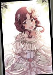 Rule 34 | 1girl, bare shoulders, blush, breasts, bride, collarbone, curtsey, dress, flower, frilled dress, frilled wrist cuffs, frills, hair bun, hair ornament, highres, idolmaster, idolmaster shiny colors, jewelry, kusaka io, long hair, looking at viewer, medium breasts, necklace, official alternate costume, official alternate hairstyle, open mouth, osaki amana, pink flower, pink rose, puffy short sleeves, puffy sleeves, red hair, rose, short sleeves, skirt hold, smile, solo, wedding dress, white dress, wrist cuffs, yellow eyes