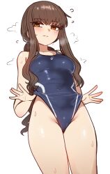 1girl absurdres averting_eyes blue_one-piece_swimsuit breasts brown_eyes brown_hair commentary ebora fate/extra fate/extra_ccc fate_(series) flying_sweatdrops frontal_wedgie highleg highleg_one-piece_swimsuit highres kishinami_hakuno_(female) long_hair low_ponytail medium_breasts one-piece_swimsuit ponytail self_wedgie sidelocks simple_background solo swimsuit wedgie white_background