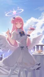 1girl absurdres angel_wings blue_archive blue_sky breasts cake capelet cloud commentary_request dress feet_out_of_frame food fork hair_bun halo hands_up highres holding holding_fork holding_plate long_hair looking_at_viewer low_wings medium_breasts mika_(blue_archive) mingyueqf outdoors pantyhose pink_hair pink_halo plate single_side_bun sky solo swiss_roll white_capelet white_dress white_pantyhose white_wings wings yellow_eyes