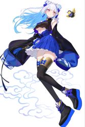 +_+ 1girl animal ankle_boots bird black_boots black_ribbon black_shirt black_sleeves black_thighhighs blue_bow blue_hair blue_skirt boots bow bow_legwear braid breasts chinese_clothes closed_mouth clothed_animal cloud_background colored_inner_hair colored_shoe_soles commentary crop_top detached_sleeves double_bun earrings english_commentary floating_hair full_body hair_bow hair_bun hair_ornament high-waist_skirt highres jewelry kamitoge_supino layered_skirt light_blush lize_helesta lize_helesta_(11th_costume) long_hair long_sleeves looking_at_animal looking_to_the_side mandarin_collar medium_breasts midriff miniskirt multicolored_hair nijisanji no_bra platform_boots pleated_skirt puffy_long_sleeves puffy_sleeves purple_eyes ribbon sebastian_piyodore shirt skirt sleeveless sleeveless_shirt smile solo_focus streaked_hair tassel tassel_hair_ornament thighhighs two-tone_hair underboob very_long_hair very_long_sleeves virtual_youtuber white_background white_hair white_skirt yellow_bird zettai_ryouiki