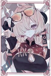 4xcho artist_name blonde_hair breasts china_dress chinese_clothes cleavage cleavage_cutout clothing_cutout dress eyewear_on_head glasses highres one_eye_covered sweety_(zenless_zone_zero) zenless_zone_zero