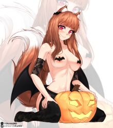 1girl animal_ears areola_slip armband bat_pasties bat_wings black_armband black_panties black_pasties black_thighhighs blush breasts brown_hair closed_mouth collarbone full_body halloween holo jack-o&#039;-lantern lace_armband likunea long_hair looking_at_viewer low_wings medium_breasts navel paid_reward_available panties pasties patreon_username red_eyes sitting smile solo spice_and_wolf tail thighhighs twitter_username underwear wariza wings wolf_ears wolf_girl wolf_tail zoom_layer