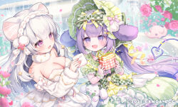 2girls :d angelic_link animal_ear_fluff animal_ears bonnet bow breasts character_request cleavage commentary_request detached_sleeves dress flower food fur-trimmed_sleeves fur_trim green_bow green_dress green_hat grey_hair handkerchief hat heart holding holding_food komachi_pochi large_breasts long_hair long_sleeves multiple_girls official_art open_mouth petals pink_eyes pink_flower pink_rose plaid_bow puffy_long_sleeves puffy_short_sleeves puffy_sleeves purple_eyes purple_hair rabbit_ears rose sandwich short_sleeves smile strapless strapless_dress stuffed_animal stuffed_rabbit stuffed_toy tail very_long_hair water white_dress white_flower white_rose wrist_cuffs