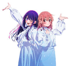 Rule 34 | 2girls, blue skirt, blush, bow, hair bow, hand up, hirayama kanna, hoshino ai, kanojo okarishimasu, long hair, looking at viewer, multiple girls, open mouth, oshi no ko, pink eyes, pink hair, purple eyes, purple hair, sakurasawa sumi, simple background, skirt, smile, takahashi rie, white background
