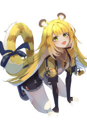 1girl absurdres animal_ears blonde_hair colored_inner_hair green_eyes highres jacket ju_fufu long_hair looking_at_viewer mua1475 multicolored_hair open_mouth shirt smile solo tail tiger_ears tiger_girl tiger_tail zenless_zone_zero