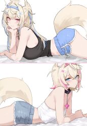 2girls =_hair_ornament absurdres alternate_costume animal_collar animal_ear_fluff animal_ears ass bandaid bandaid_hair_ornament bare_arms bed_sheet black_collar black_tank_top blonde_hair blue_eyes blue_hair blue_hairband blue_shorts bluefield braid breasts camisole closed_mouth collar commentary crop_top crossed_bangs denim denim_shorts dog_ears dog_girl dog_tail dolphin_shorts double-parted_bangs extra_ears frayed_shorts from_side fuwawa_abyssgard hair_between_eyes hair_intakes hair_ornament hairband hairclip hand_on_own_chin head_rest highres hololive hololive_english horn_hairband large_breasts long_hair looking_at_viewer lying midriff mococo_abyssgard multicolored_hair multiple_girls no_tail on_stomach pink_eyes pink_hair pink_hairband short_hair short_shorts shorts siblings side_braids simple_background sisters small_breasts smile spiked_collar spikes split_screen streaked_hair tail tank_top twins two_side_up virtual_youtuber white_background white_camisole x_hair_ornament