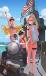 3girls :d american_flag american_flag_bikini american_flag_print bikini blonde_hair blue_eyes cloud commentary_request day fairy_(kancolle) flag_print green_eyes hat headphones headphones_around_neck highres kantai_collection long_hair looking_at_viewer multiple_girls ocean open_mouth pacific_(kancolle) peaked_cap pointing pointing_up ponytail pout print_bikini red_bikini red_hair rocket sandals sima_naoteng skindentation smile standing submarine swimsuit thigh_strap u-2513_(pacific) u-552_(pacific) uss_cusk_(ssg-384) watercraft yellow_bikini