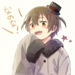 1boy axis_powers_hetalia black_hat blush brown_hair buttons coat fang fur-trimmed_coat fur-trimmed_sleeves fur_trim grey_coat hair_between_eyes hand_up hat long_sleeves looking_at_viewer lowres male_focus mini_hat moldova_(hetalia) open_mouth red_eyes short_hair simple_background smile solo sorano9 star_(symbol) teeth two_side_up upper_body white_background wide_sleeves