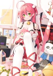 Rule 34 | 1girl, 35p (sakura miko), ahoge, baseball cap, bell, belt, black choker, blush, breasts, cake, character doll, cherry, choker, cleavage, closed mouth, clothes hanger, cradle, detached sleeves, doll, drawing (object), flower, food, frilled sleeves, frills, fruit, green eyes, hair between eyes, hair ornament, hair ribbon, hat, highres, holding, holding doll, hololive, indoors, jingle bell, knees up, large breasts, llama (minecraft), long hair, looking at viewer, minecraft, neck bell, nyan (reinyan 007), pacifier, pink flower, pom pom (clothes), pom pom hair ornament, red hair, red ribbon, red shorts, ribbon, sakura miko, sakura miko (work), sans (undertale), shirt, short sleeves, shorts, skirt, smile, solo, thighhighs, two side up, undertale, unworn belt, unworn hat, unworn headwear, unworn shirt, unworn skirt, very long hair, virtual youtuber, white thighhighs, youtube creator award