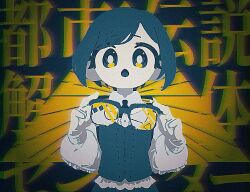 1girl 8osakana_san8 :o bright_pupils chromatic_aberration collared_shirt commentary_request copyright_name frilled_shirt frilled_sleeves frills fukurai_azami glasses hands_up holding holding_removed_eyewear limited_palette long_sleeves looking_at_viewer no_lineart open_mouth puffy_long_sleeves puffy_sleeves shirt short_hair solo toshi_densetsu_kaitai_center translation_request triangle unworn_eyewear upper_body