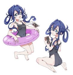Rule 34 | 1girl, ass, bare arms, bare legs, bare shoulders, barefoot, black one-piece swimsuit, blue eyes, blue hair, breasts, cellphone, commentary, dalidari27, full body, hair between eyes, hair intakes, hair rings, highres, holding, holding phone, innertube, kimi no koto ga dai dai dai dai daisuki na 100-nin no kanojo, lanyard, long hair, looking at viewer, multiple views, one-piece swimsuit, open mouth, phone, sidelocks, simple background, small breasts, smartphone, swim ring, swimsuit, white background, yoshimoto shizuka