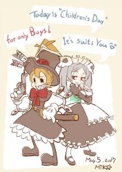 2017 2girls apron bloody_marie_(skullgirls) brooch dress finger_to_mouth fire frilled_apron frilled_dress frills grey_hair grin gun hair_ornament handgun hat jewelry katana looking_at_another maid_headdress mary_janes mtk_hoshi multiple_girls orange_hair pantyhose peacock_(skullgirls) red_eyes revolver sharp_teeth sheath sheathed shoes short_hair skull_hair_ornament skullgirls smile speech_bubble sword teeth top_hat twintails weapon
