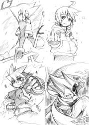 Rule 34 | 1girl, 3boys, aeolus (mega man), atlas (mega man), breasts, capcom, highres, mega man (series), mega man zx, mega man zx advent, monochrome, multiple boys, short hair, siarnaq (mega man), spandex, thetis (mega man)