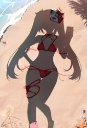1girl absurdres ai_ai_gasa beach bikini day dressed_shadow_(meme) fox_mask highres honkai:_star_rail honkai_(series) mask meme nail_polish outdoors ranran_3939 red_bikini red_nails sand shadow signature solo sparkle_(honkai:_star_rail) starfish swimsuit thigh_strap toenail_polish toenails twintails unworn_bikini unworn_mask