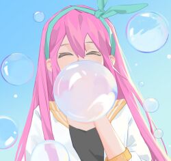1girl ^_^ aqua_hairband aubrey_(faraway)_(omori) aubrey_(omori) backlighting black_shirt blowing_bubbles blue_sky bow_hairband bubble chinese_commentary closed_eyes commentary_request covered_mouth day double-parted_bangs facing_viewer hair_between_eyes hairband hand_up highres jacket long_hair omori open_clothes open_jacket outdoors pink_hair sailor_collar shirt sky solo straight_hair three-quarter_sleeves upper_body white_jacket xkino0714 yellow_sailor_collar