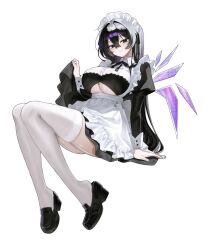 Rule 34 | 1girl, angel wings, apron, black eyes, black hair, breasts, garter belt, genderswap, genderswap (mtf), hair between eyes, highres, large breasts, limbus company, long hair, maid, maid apron, maid headdress, nabiii0031, project moon, sang yi (project moon), simple background, solo, thighhighs, thighs, white apron, white background, white headdress, white thighhighs, wings