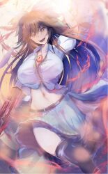1girl arm_cannon belt bird_wings black_hair black_sun black_thighhighs black_wings bow breasts brown_eyes cleavage green_bow green_skirt hair_bow highres large_breasts long_hair looking_at_viewer midriff navel niradama_(nira2ratama) open_mouth pointing pointing_up radiation reiuji_utsuho skirt solo sun thick_thighs thighhighs thighs third_eye touhou weapon wings