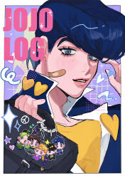 Rule 34 | 1boy, absurdres, adam&#039;s apple, bag, bandaid, bandaid on cheek, bandaid on face, black border, black hair, blue eyes, blue jacket, blush, border, character charm, charm (object), diamond wa kudakenai, drawn heart, drawn star, english text, eyelashes, family, gakuran, giorno giovanna, halftone, hand in own hair, heart, higashikata josuke, highres, jacket, jojo no kimyou na bouken, jonathan joestar, joseph joestar, kuujou jolyne, kuujou joutarou, looking at viewer, male focus, matubaru chan, multiple boys, outside border, peace symbol, pompadour, purple background, school bag, school uniform, shirt, solo, sparkle, white border, yellow shirt