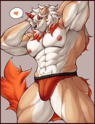 1boy abs arknights bara bulge closed_mouth colored_tips commentary english_commentary from_below furry furry_male grey_background heart highres horns hung_(arknights) jcxraf komainu_boy komainu_ears komainu_tail looking_at_viewer male_focus male_underwear multicolored_hair navel nipples no_pants orange_eyes orange_male_underwear pectorals single_horn smile speech_bubble spoken_heart topless_male underwear