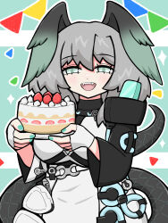 Rule 34 | 1girl, :d, arknights, black tail, blush, cake, commentary request, fangs, fingerless gloves, fingernails, food, fruit, gloves, green eyes, green nails, grey hair, hair between eyes, head wings, highres, ho&#039;olheyak (arknights), holding, holding cake, holding food, long sleeves, looking at viewer, medium hair, nail polish, open mouth, outline, partial commentary, sanguisrubigo, smile, solo, sparkle, strawberry, tail, teeth, upper teeth only, white gloves, white outline, wings