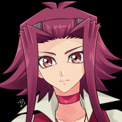 1girl black_background choker closed_mouth commentary_request izayoi_aki looking_at_viewer pomiwo red_choker red_eyes red_hair short_hair_with_long_locks sidelocks smile solo upper_body yu-gi-oh! yu-gi-oh!_5d&#039;s