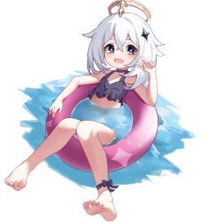 1girl :d absurdres bare_arms bare_shoulders barefoot bikini black_bikini brown_eyes commentary english_commentary eyebrows_hidden_by_hair genshin_impact hair_between_eyes halo hand_up highres innertube looking_at_viewer mxr open_mouth paimon_(genshin_impact) partially_submerged smile soles solo swim_ring swimsuit v white_background white_hair