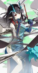 1girl :/ absurdres aqua_dress aqua_horns arknights black_hair calligraphy_brush china_dress chinese_clothes closed_mouth colored_extremities colored_skin commentary_request dragon_girl dragon_horns dragon_tail dress dusk_(arknights) earrings eastern_dragon_tail gradient_skin green_hands green_skin hair_between_eyes hanging_scroll highres holding holding_calligraphy_brush holding_paintbrush horns jewelry long_hair paintbrush pelvic_curtain pointy_ears red_eyes scroll solo songchuan_li tail tassel tassel_earrings thighs thinking very_long_hair