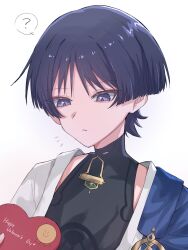1boy ? black_bodysuit black_hair blue_cape blunt_ends bodysuit box cape closed_mouth eyeliner eyeshadow genshin_impact gift gift_box giving gold happy_valentine heart-shaped_box highres holding holding_gift japanese_clothes kimono makeup male_focus notice_lines open_clothes open_kimono purple_eyes red_eyeliner red_eyeshadow scaramouche_(genshin_impact) shoulder_peek solo spoken_question_mark toa_scara tsurime wanderer_(genshin_impact) white_kimono