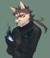 1boy black_gloves black_necktie black_shirt blue_background closed_mouth collared_shirt furry furry_male gloves grey_hair long_sleeves male_focus masanori_(housamo) necktie round_eyewear shirt solo sora-ya_(uya_kyo) tokyo_houkago_summoners umbrakinesis upper_body
