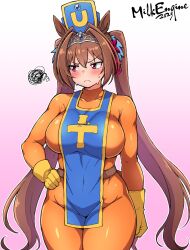1girl 2025 animal_ears blue_hat blue_tabard blush bodysuit breasts brown_hair closed_mouth commentary_request cosplay cowboy_shot daiwa_scarlet_(umamusume) dragon_quest dragon_quest_iii frown gradient_background hair_intakes hand_on_own_hip hat highres horse_ears horse_girl horse_tail kyosuke_fujiwara large_breasts long_hair looking_afar mitre orange_bodysuit pink_background priest_(dq3) priest_(dq3)_(cosplay) red_eyes solo squiggle tabard tail tiara twintails umamusume v-shaped_eyebrows very_long_hair white_background