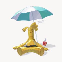 Rule 34 | absurdres, arm support, beach umbrella, belt, belt buckle, buckle, full body, gholdengo, half-closed eye, highres, leaning back, mokuzou (moku ssbu), nintendo, open mouth, pokemon, pokemon (creature), pokemon focus, signature, sitting, smile, solo, spread legs, trowel, umbrella, white background, yellow eyes