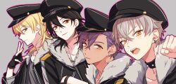 4boys arm_up black_collar black_gloves black_hair black_hat black_jacket blonde_hair character_request check_character clenched_hand collar commentary crossed_bangs dark-skinned_male dark_skin earrings ensemble_stars! fingerless_gloves fur-trimmed_collar fur_trim gloves grey_background grey_fur grey_hair hair_behind_ear hair_between_eyes hakaze_kaoru hat jacket jewelry long_sleeves looking_to_the_side male_focus medium_hair miruru_(palegray) multiple_boys necklace ogami_koga open_mouth otogari_adonis parted_lips peaked_cap piercing purple_hair red_eyes sakuma_rei_(ensemble_stars!) sideburns sideways_glance smile spiked_collar spikes symbol-only_commentary teeth tongue yellow_eyes